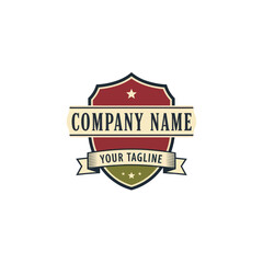 A vintage-style shield logo with a banner for company name and tagline, featuring stars and a distressed texture.