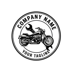 Motorcycle repair shop logo with wrench and bike.