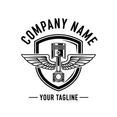Vintage automotive logo template featuring a winged piston inside a shield crest with placeholder text for company name and tagline.