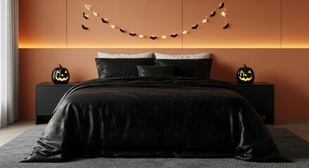 Halloween themed bedroom with black bedding and pumpkin lanterns