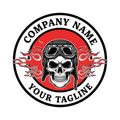 Vintage style skull wearing pilot helmet and goggles with flames in a circular emblem logo design.