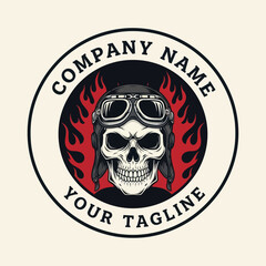 A detailed illustration of a skull wearing a vintage aviator helmet and goggles with flames.