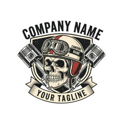 A vintage-style emblem featuring a skull wearing a retro motorcycle helmet with goggles, flanked by two engine pistons, and a banner with text.