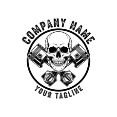 Skull and Pistons Logo Design with Company Name and Tagline.