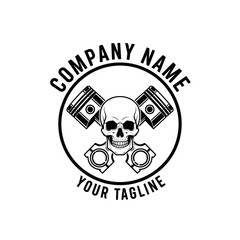 Vintage motorcycle logo with skull and piston graphic design.