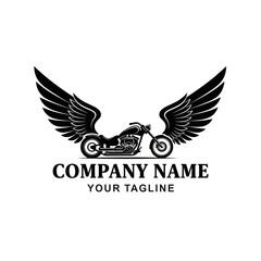 Obraz premium A black and white logo featuring a motorcycle with large wings spread out on either side, with the text 