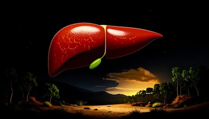 Anatomical representation featuring a floating liver with its gallbladder against a sunset landscape; symbolic of health or medical concepts