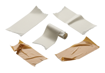 Close-up macro shot of wrinkled, torn, and peeling matte masking and glossy packing tape pieces, with soft shadows on a transparent background, concept of stationery and adhesion