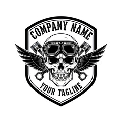 Vintage Motorcycle Skull Logo with Wings and Pistons.