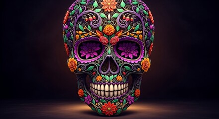 Vibrantly Ornate Calavera Skull with Intricate Floral Patterns and Luminous Purple Eyes.