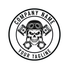 Vintage motorcycle club logo with a skull wearing a helmet and crossed pistons, suitable for a garage or biker gang emblem.