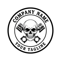 A circular logo featuring a skull with crossed pistons and the text 