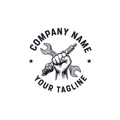 Fototapeta premium A monochrome logo design featuring a strong fist clutching a crossed wrench and spark plug, encircled by text and stars, symbolizing automotive repair and service.