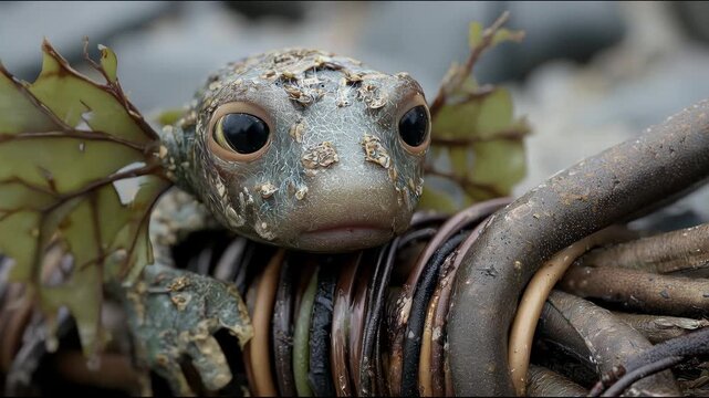 A small creature with large black eyes and fin-like wings made of seaweed sits among intertwined marine plants covered with shells and algae