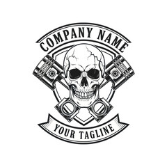 Vintage monochrome skull and crossed engine pistons emblem with company name and tagline banners, ideal for motorcycle clubs or automotive businesses.