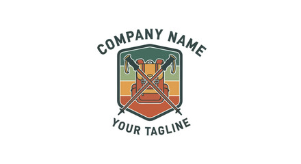 Obraz premium Retro emblem logo featuring a backpack and hiking poles, with the words 