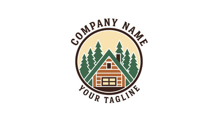 Cabin in the woods logo with trees and company name.