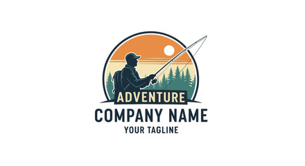 Logo design featuring a fisherman in a scenic outdoor setting.