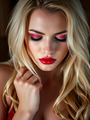 Fototapeta premium Sexy dominant blonde woman in red with whip eyes closed