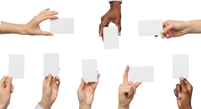 Multiple feminine hands of varying ages and diverse skin tones hold matte white cards on a seamless transparent background, showcasing versatility for business communication