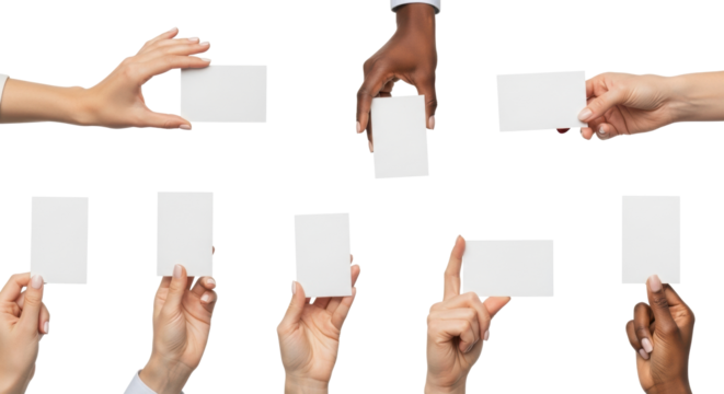Multiple feminine hands of varying ages and diverse skin tones hold matte white cards on a seamless transparent background, showcasing versatility for business communication