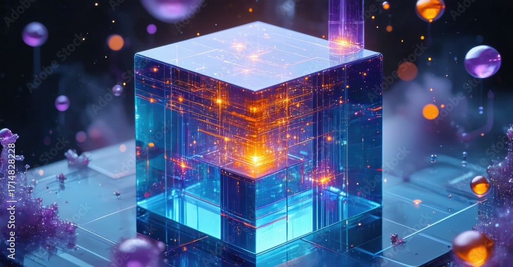 Poster glowing cube structure. complex internal circuitry visible. vibrant colors, futuristic design, digit