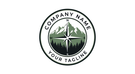 A circular logo featuring a compass rose superimposed over a mountain range and pine forest, with text around the border.
