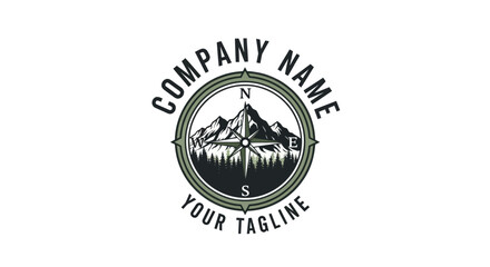 Vintage circular logo featuring mountains, pine trees, and a compass rose with text placeholders for company name and tagline.