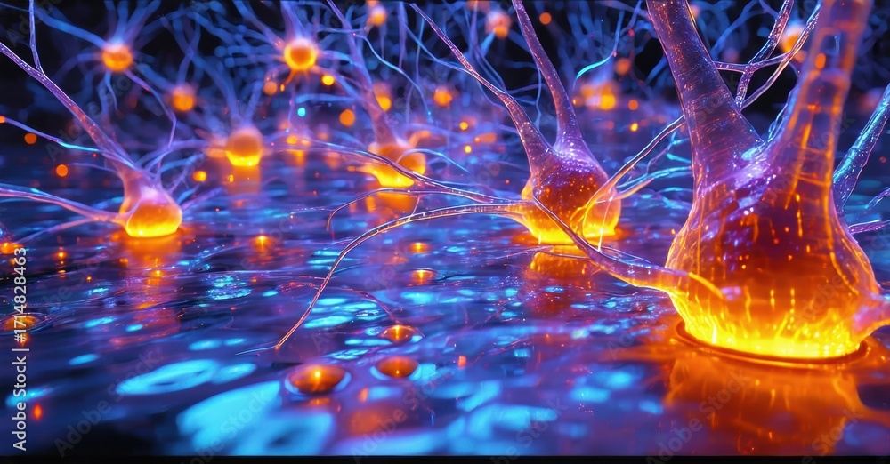 Poster bright neural network visualization. glowing cells connect, forming complex pathways. intense blue, 