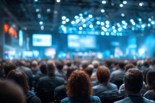 Audience watching a presentation during a business conference in a large auditorium