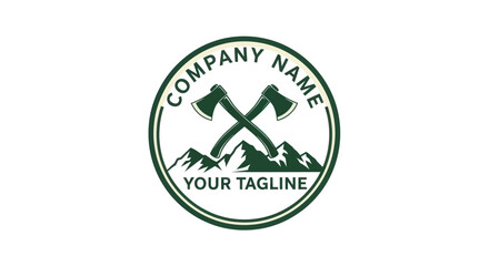 A circular green and white logo featuring two crossed axes above a mountain range, with placeholder text for company name and tagline.