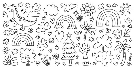 Fototapeta premium Hand-drawn doodle set featuring rainbows dinosaurs trees and flowers perfect for kids projects