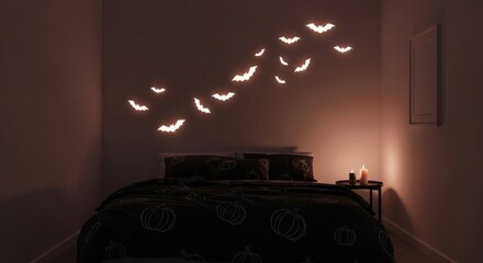 Spooky halloween bedroom with bats and pumpkin themed bedding