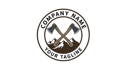 Logo with crossed axes and mountain range in a circle.