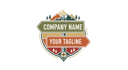 Vintage-style logo design featuring a directional signpost with mountains and trees, a compass, and a circular frame.  Perfect for outdoor adventure or travel-themed businesses.