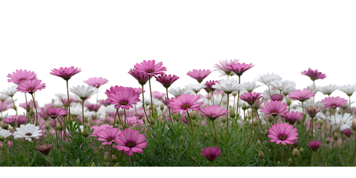 Field of Pink and White Daisy-like Flowers aster isolated on a transparent background