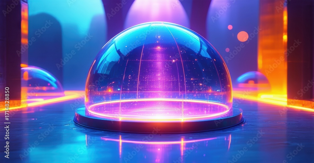 Poster futuristic display pedestal glows. vibrant colors illuminate sleek design, creating captivating visu