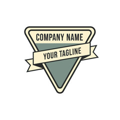 Retro logo with triangle and ribbon banner for company name and tagline.