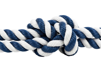 Thick, sturdy nautical rope with deep navy blue and white fibers, meticulously tied into a secure, complex knot on a transparent studio background with copy space. Concept of unity and strength © David