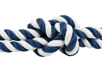 Thick, sturdy nautical rope with deep navy blue and white fibers, meticulously tied into a secure, complex knot on a transparent studio background with copy space. Concept of unity and strength