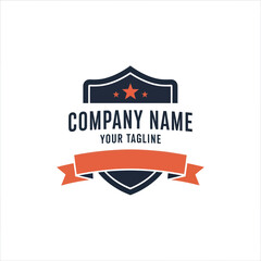A vintage-style logo featuring a shield with stars and a banner, suitable for a company name and tagline.