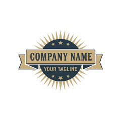 A vintage-style emblem logo featuring a central dark blue circle with radiating gold sunburst, a horizontal banner for 'COMPANY NAME', and 'YOUR TAGLINE' below, suitable for branding.