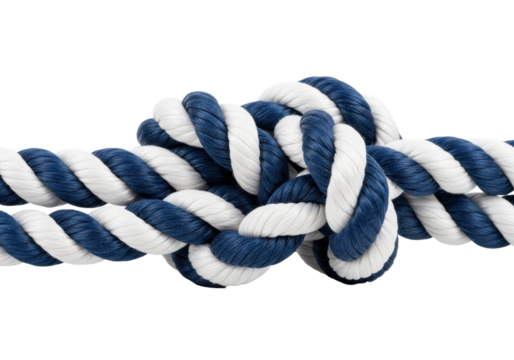 Thick, sturdy nautical rope with deep navy blue and white fibers, meticulously tied into a secure, complex knot on a transparent studio background with copy space. Concept of unity and strength