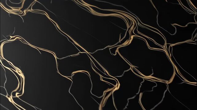 Abstract black background with gold and silver flowing lines creating a marble texture