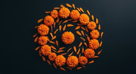 Dark Elegance - Marigold Mandala, Flatlay Floral Design.