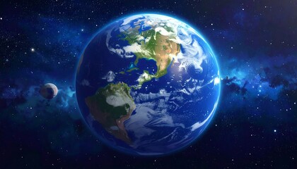 A vibrant, illuminated rendering of the Earth and its moon against a backdrop of a star-filled, deep-blue cosmic expanse