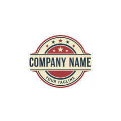 Vintage-style logo design featuring a circular emblem with stars, a banner, and text for company branding.