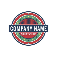 Vintage style circular logo with company name and tagline, featuring red, green, and navy blue colors, and stars.