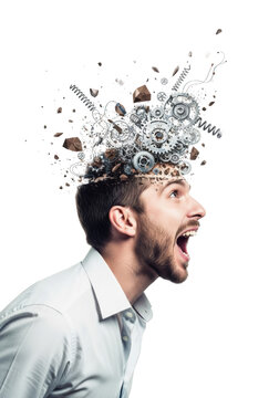 A young caucasian man in a rumpled collared shirt screams, head exploding into gears, wires, and fragments, suspended against a transparent studio background with copy space, visual metaphor for