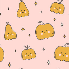 Hand drawn Halloween vector seamless pattern with cute smiling pumpkins and stars. Charming endless background for holiday design, textile, wallpaper. Whimsy pumpkins illustration. Halloween pattern